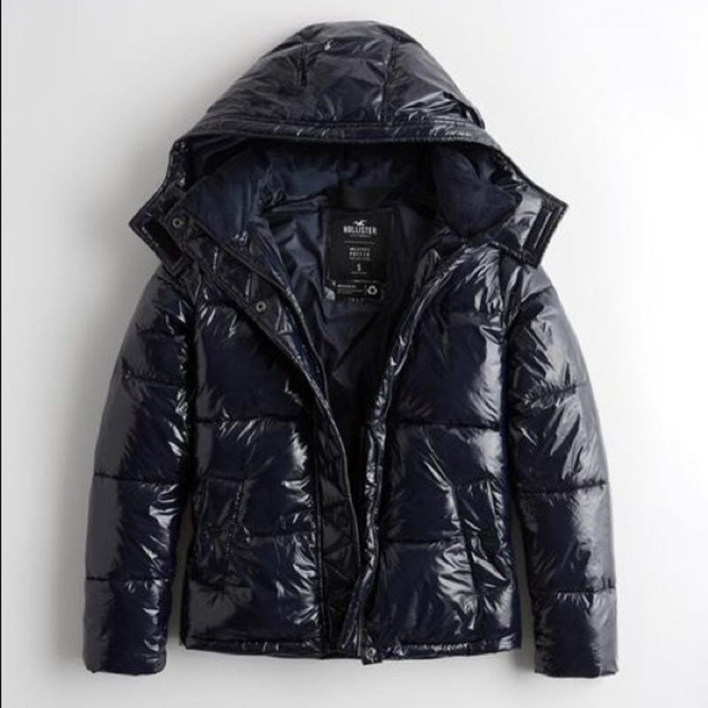 Hollister Navy Wet Look Puffer Jacket